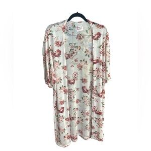 LOVE Maternity Floral Open Front Kimono Duster - White Mesh w/ Rose Pink Print